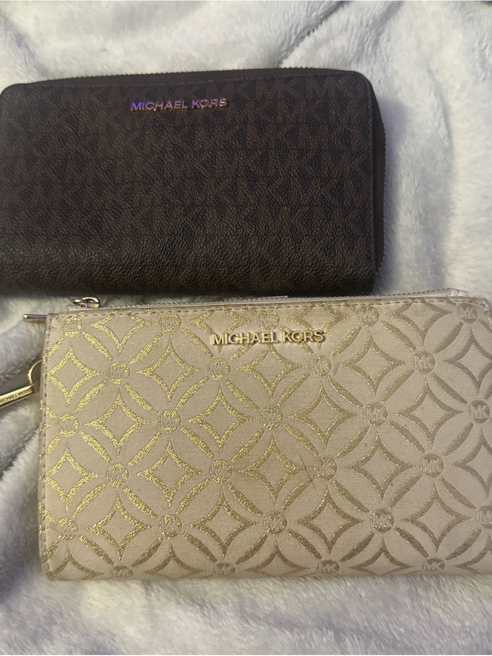 Michael Kors Gold Accented Cream Wristlet and Brown Signature Zip Wallet